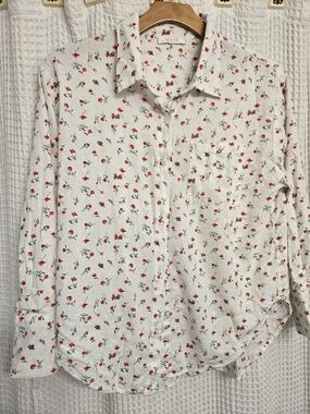 Wayf White Button-Down Shirt with Red Floral Print